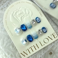 Handmade ocean blue cat-eye press-on nails with 3D hearts and rhinestones, set of 10 - Large (L)