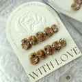 Handmade amber gold press-on nails with 3D cherry blossoms, pearls and gold foil accents - Large (L)
