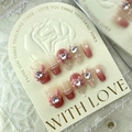 Handmade pink gradient press-on nails with 3D bows, silver heart rhinestones and pearls - L / 797 Pink Plaid Short Coffin