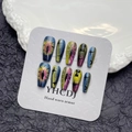 Handmade cat-eye press-on nails with star patterns and gradients on display card - Cat Eye Star Shadow Style (858)