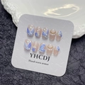Handmade 3D mermaid cat-eye press-on nails with blue butterfly wings and pearls - Blue Enchantress / Large (L)