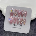 Unghie finte fatte a mano stile ballerina rosa con fiocchi 3D e dettagli glitter - Grande (L)