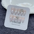 Handmade moonstone white cat-eye press-on nails with glitter rhinestones and coffin shape - Large (L)