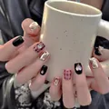 Handmade black checkered press-on nails with silver mirror finish and heart rhinestones - Large (L) / Black Cool Girl Plaid