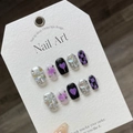 Unghie finte fatte a mano stile Y2K con design a scacchi e stelle nero e viola - XS / Scacchiera Y2K Nera e Viola
