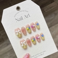 Handmade press-on nails with cream bows and colorful 3D hearts in candy colors - Extra Small (XS) / 919 Cream Heart Short Trapezoid