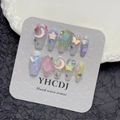 Uñas postizas hechas a mano aurora con estrellas 3D de colores, luna y mariposa - Extra Pequeño (XS) / Chica Mágica Mocha