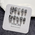 Gothic ink marble press-on nails with 3D silver ring accents and dark smoke textures - Extra Small (XS) / Dark Gothic Ink Wash