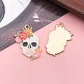 Front and back detail of gold enamel skull charm with colorful rose flowers for DIY jewelry - White Halloween Peony Flower Skull Style (18163)