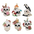 Skull and rose enamel charms set for DIY jewelry making with gold-plated alloy frames - Drip Oil Halloween Skull Flower Style Set (SN569)