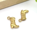 Detail view of golden cowboy boot charms with embossed texture for DIY jewelry making - Gold Stainless Steel Carved Cowboy Boot (T2784)