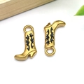 Golden western cowboy boot metal charms with black floral details for DIY jewelry - Black Enamel Western Cowboy Boot (T1558)