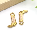Golden cowboy boot charms with pink enamel flame patterns for DIY jewelry making - Pink Enamel Western Cowboy Boot (T1561)