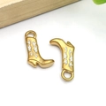 Golden western cowboy boot charms with white enamel pattern and metal hanging loop - White Enamel Western Cowboy Boot (T1562)