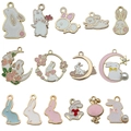 Selection of 15 cute enamel rabbit charms with gold plating and pearl details for DIY crafts - Mixed Easter Bunny Series (SN1215)