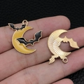 Golden crescent moon and black bat pendant charm with drip oil finish for DIY jewelry - Moon Bat (15136)