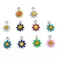 Set of 10 colorful enamel daisy flower pendants in diverse shades with metal loops - Assorted Colors / Steel Color Daisy (T2745)