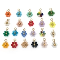 Handmade beaded flower charms in various colors with metallic gold center for DIY jewelry - Assorted Colors / Gold Crystal Woven Flower (T2767)