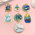 Detailed set of seven tropical ocean themed alloy pendants with colorful oil drip art - Ocean Series (SN1386) / Set of 7