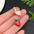Front and back detail of strawberry alloy charms for DIY jewelry making and crafts - Drip Oil Red Strawberry Style (8619) / 11x21mm