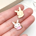 Kawaii white enamel bunny and carrot pendant charm with gold-tone alloy back for DIY - White Enamel Rabbit Lying on Carrot (17506)