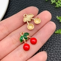 Handmade cherry alloy pendant in gold finish with red and green enamel for DIY jewelry - KC Gold Red Enamel Fruit Cherry (23439) / 17x15x3mm