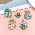 Set of oil painting style cherry charms with faux pearls in golden alloy frames - Cherry Series (SN1388) / Set of 5