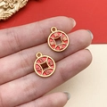 Golden Chinese lucky coin charms with red enamel and traditional fortune inscriptions - Wealth and Fortune Round Tag (18473)