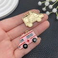 Pink enamel ambulance and gold alloy vehicle pendants with ring for DIY keychains - Pink Ambulance (23068)