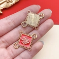 DIY gold finish Lucky Charms for bracelet with red enamel and Chinese character coins - Lucky Knot Wealth Charm (18521)