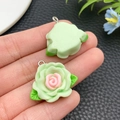 Front and back detail of 3D resin camellia flower pendant for DIY jewelry making - Green(24606)