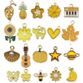 Set of 20 yellow enamel alloy charms featuring sunflowers, animals, and musical instruments - Yellow Series (SN990)