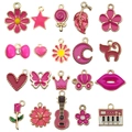 19-piece set of bright pink enamel charms in gold alloy, featuring flowers and stars - Rose Red Series (SN993)