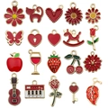 Red enamel and gold alloy charms set featuring flowers and fruits for DIY jewelry making - Mixed Red Enamel Series