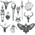 Set de 11 dijes góticos en plata antigua con calavera murciélago y araña para collares - Juego de 12 Piezas (SN458)