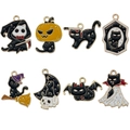Set of 8 Halloween black cat enamel charms with pumpkin and skull motifs for DIY jewelry - Black Cat Skeleton Halloween Series (SN1597)