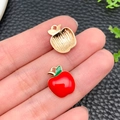 Miniature red apple alloy charm with green leaf for DIY jewelry making and crafts - Red Enamel Fruit Apple (10851) / 12x15mm