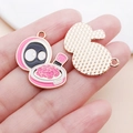 Macro detail of rose gold enamel cosmetic box pendant with cartoon face for DIY jewelry - 26x22mm / Pink White Rose Red Eye Compact Brush (25026)