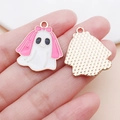 Detailed view of Halloween ghost pendant with pink bow and textured metal back - 26x23mm / Pink White Rose Red Ghost Bride (25025)