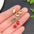 Enamel cherry charm pendants with red fruit and green leaves for DIY jewelry making - Enamel Red Fruit Cherry (21373) / 19x18mm