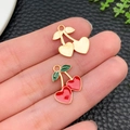 Golden hollow heart and red enamel cherry alloy charms for DIY jewelry making - KC Gold Red Enamel Fruit Heart Cherry (23387) / 17x13x1mm