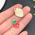 Red strawberry enamel alloy pendant with gold back for DIY jewelry making - KC Gold Red Enamel Dark Green Leaf Fruit Strawberry (23391) / 19x14x2mm