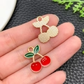 Red cherry alloy charm with green leaves and gold edges for DIY jewelry making - KC Gold Red Enamel Fruit Cherry (23392) / 19x16x1mm