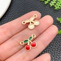 Golden and red enamel cherry charms with dual loops for DIY jewelry making - KC Gold Red Enamel Double Hanging Fruit Cherry (23393) / 12x17x2mm