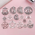 Set de 16 colgantes Wicca de plata antigua con dijes de luna, lobo y búho - Colección Surtida Serie Pentagrama Antiguo (SN1553)