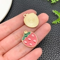 Red strawberry enamel charm for jewelry making with gold-tone metal back and hanging ring - KC Gold Red Enamel Fruit Strawberry (23440) / 20x17x1mm