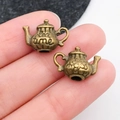 Pair of vintage bronze mini teapot charms with time engraving for DIY jewelry crafting - Antique Bronze Teapot (97)