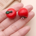 Pair of red resin apple charms with green leaves and silver rings for DIY jewelry - Red Apple Style (19695)