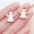 White enamel angel charm for DIY bracelets with sparkling rhinestones and gold back - White Christmas Angel Style (12519)