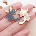 DIY black cat moon charm in gold alloy with oil drip finish for handmade jewelry - 1 Piece (21x26mm)